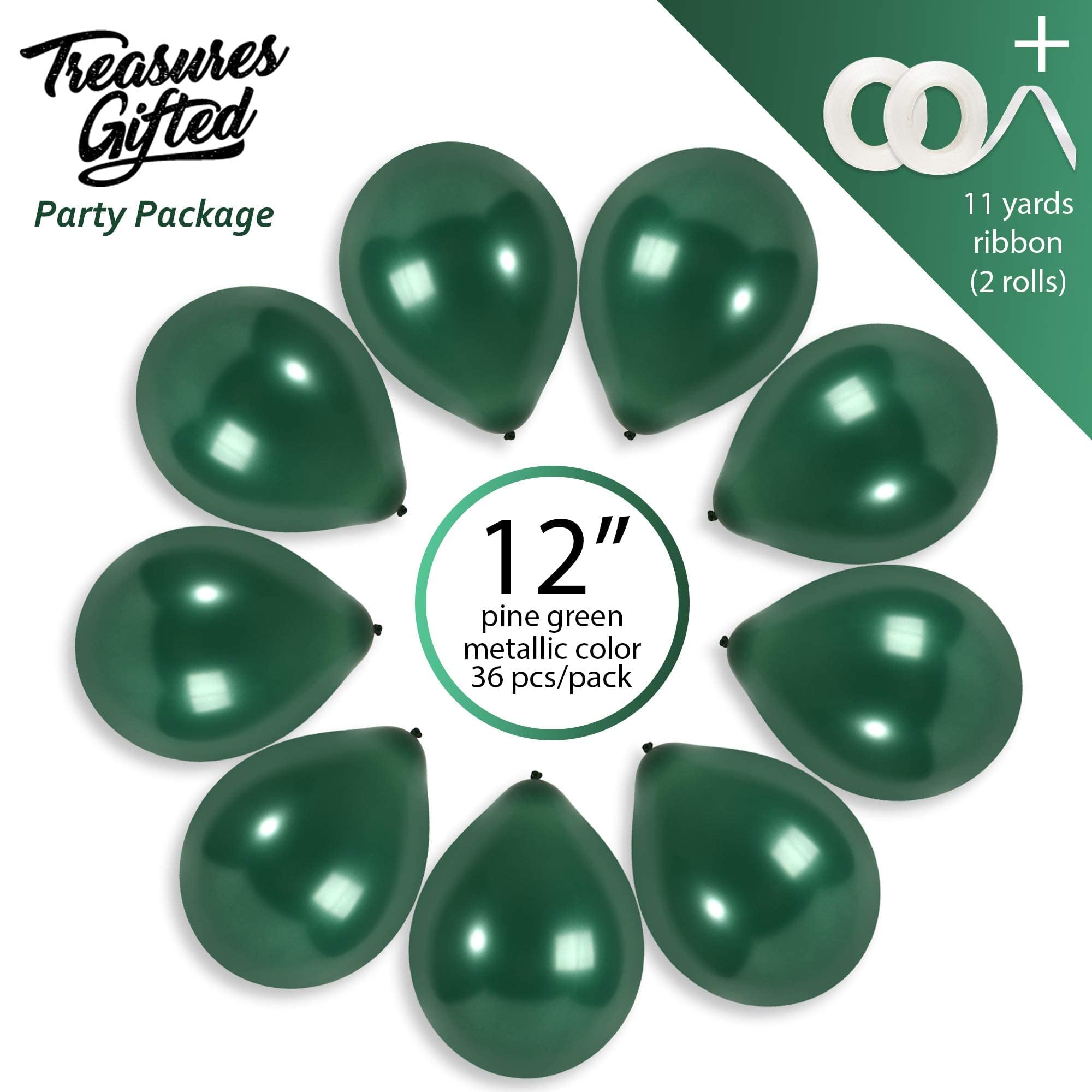 36 Pack Emerald Green Metallic Balloons – 12 Inch Latex Pine Green Balloons with Ribbon for Parties