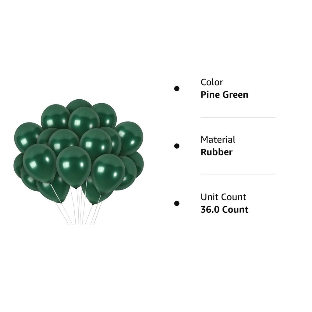 36 Pack Emerald Green Metallic Balloons – 12 Inch Latex Pine Green Balloons with Ribbon for Parties