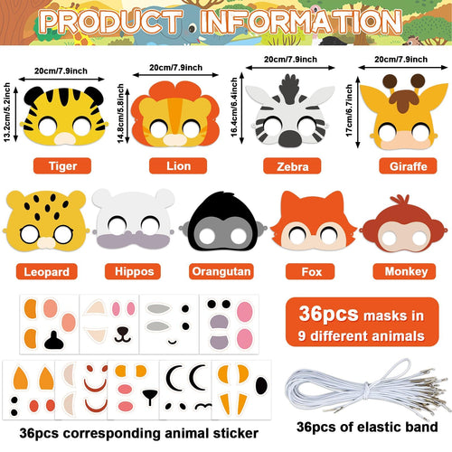 36-Pack Jungle Animal Mask Craft Kit – Safari DIY Sticker Masks for Kids’ Parties, Classroom, and Dress-Up