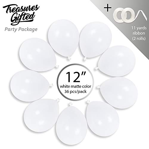 36 Pack White Matte Balloons 12 Inch Latex by Treasures Gifted - Includes Ribbon for Party Decor