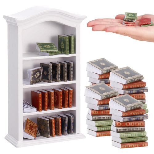 36 Pcs 1:12 Scale Miniature Dollhouse Books with White Wooden Bookcase, 4-Shelf Display Stand