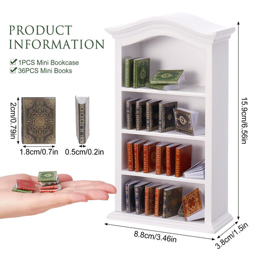 36 Pcs 1:12 Scale Miniature Dollhouse Books with White Wooden Bookcase, 4-Shelf Display Stand
