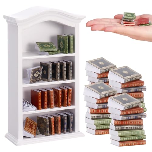 36 Pcs 1:12 Scale Miniature Dollhouse Books with White Wooden Bookcase, 4-Shelf Display Stand