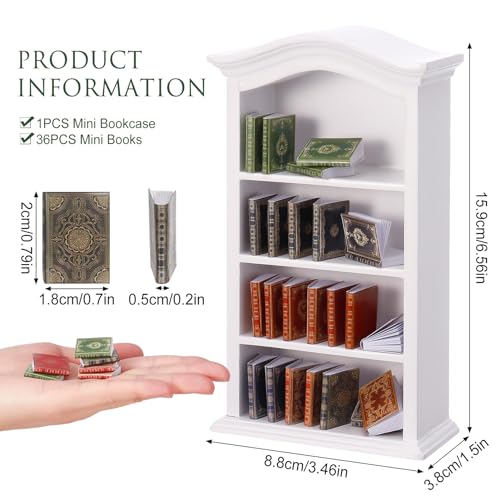 36 Pcs 1:12 Scale Miniature Dollhouse Books with White Wooden Bookcase, 4-Shelf Display Stand