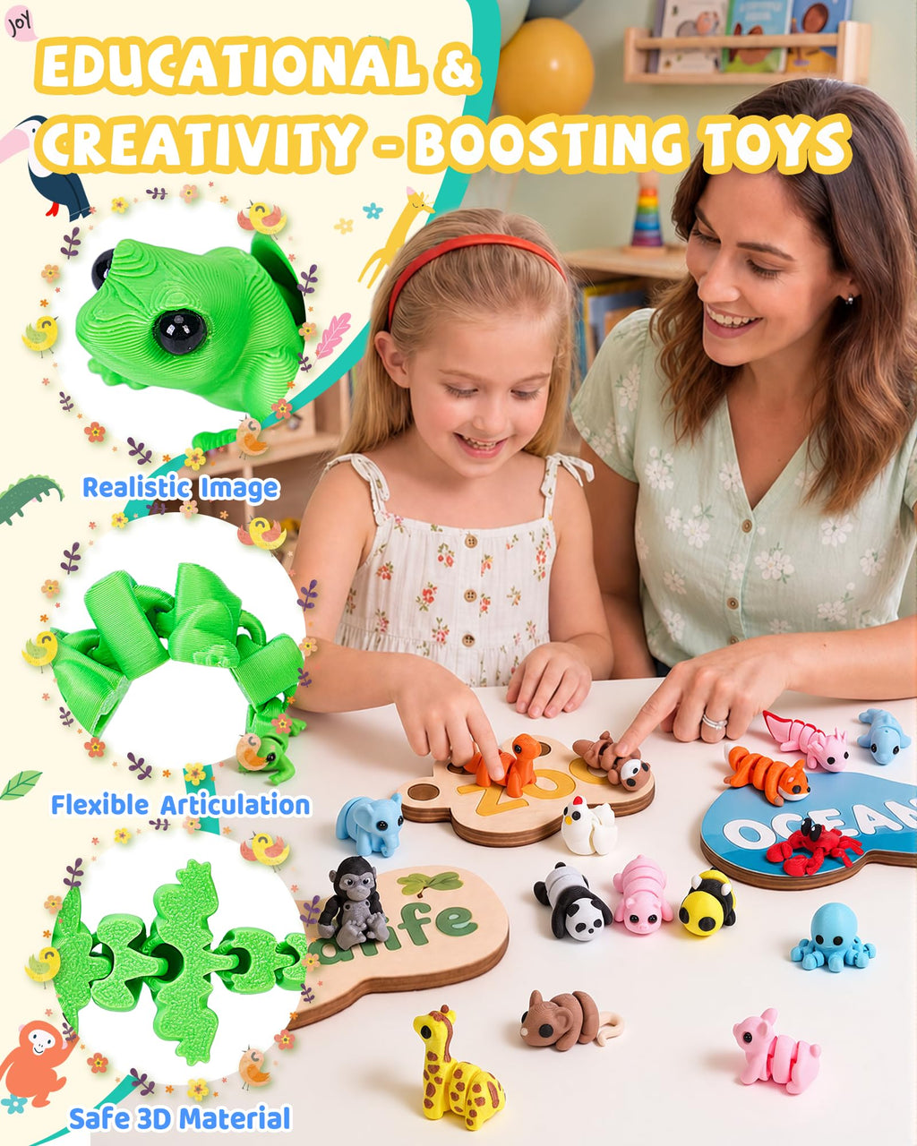 36 PCS Mini 3D Printed Articulated Animals Set – Wild, Zoo & Sea Creatures for Kids