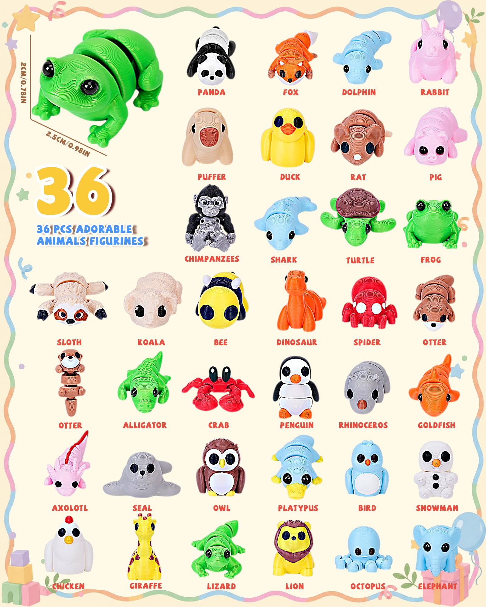 36 PCS Mini 3D Printed Articulated Animals Set – Wild, Zoo & Sea Creatures for Kids