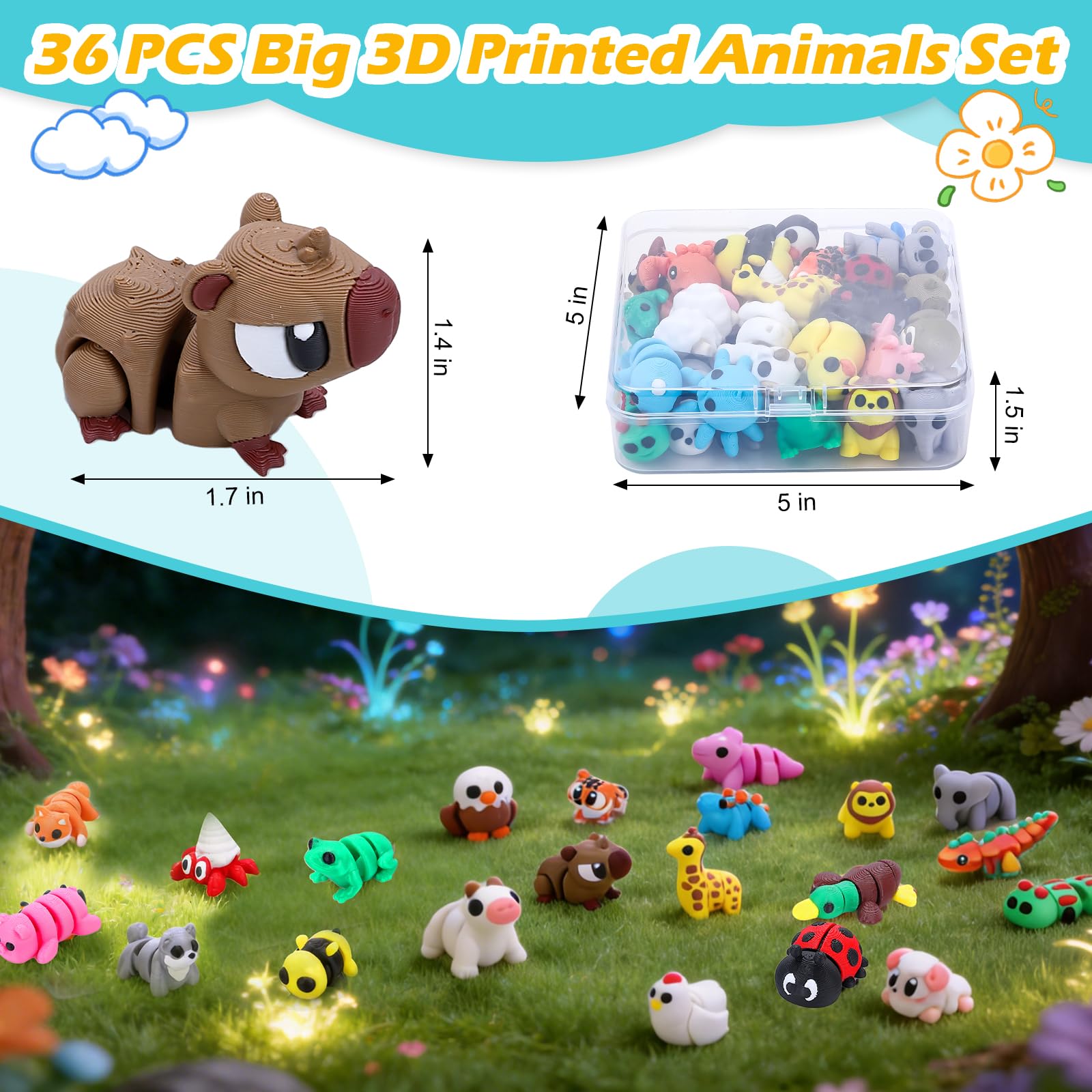 36-Piece 3D Printed Articulated Animal Set - Fidget Toys, Classroom Rewards, Party Favors