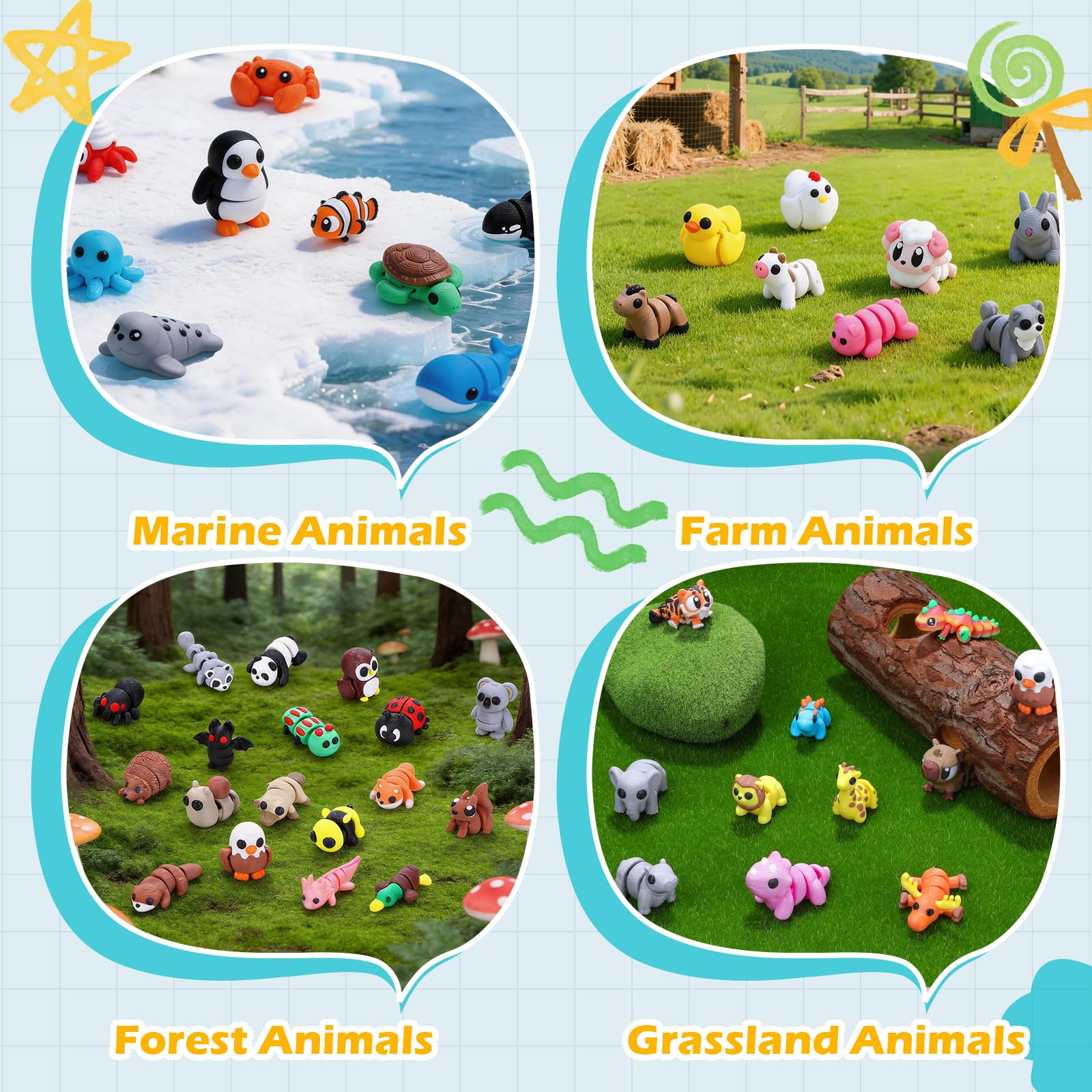 36-Piece 3D Printed Articulated Animal Set - Fidget Toys, Classroom Rewards, Party Favors