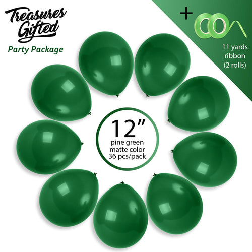 36 Pine Green Latex Balloons 12 Inch - Treasures Gifted with Ribbon for Birthdays & Baby Showers