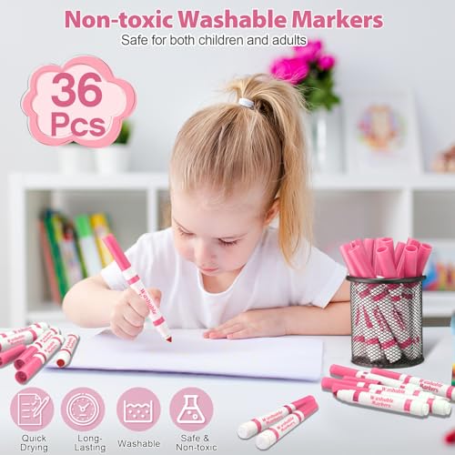 36 Pink Washable Markers Bulk – Janlaugh Broad Line Conical Tip Drawing Pens for Kids Ages 6+