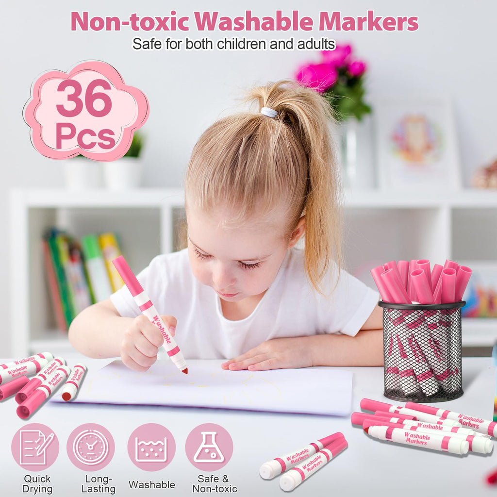 36 Pink Washable Markers Bulk – Janlaugh Broad Line Conical Tip Drawing Pens for Kids Ages 6+