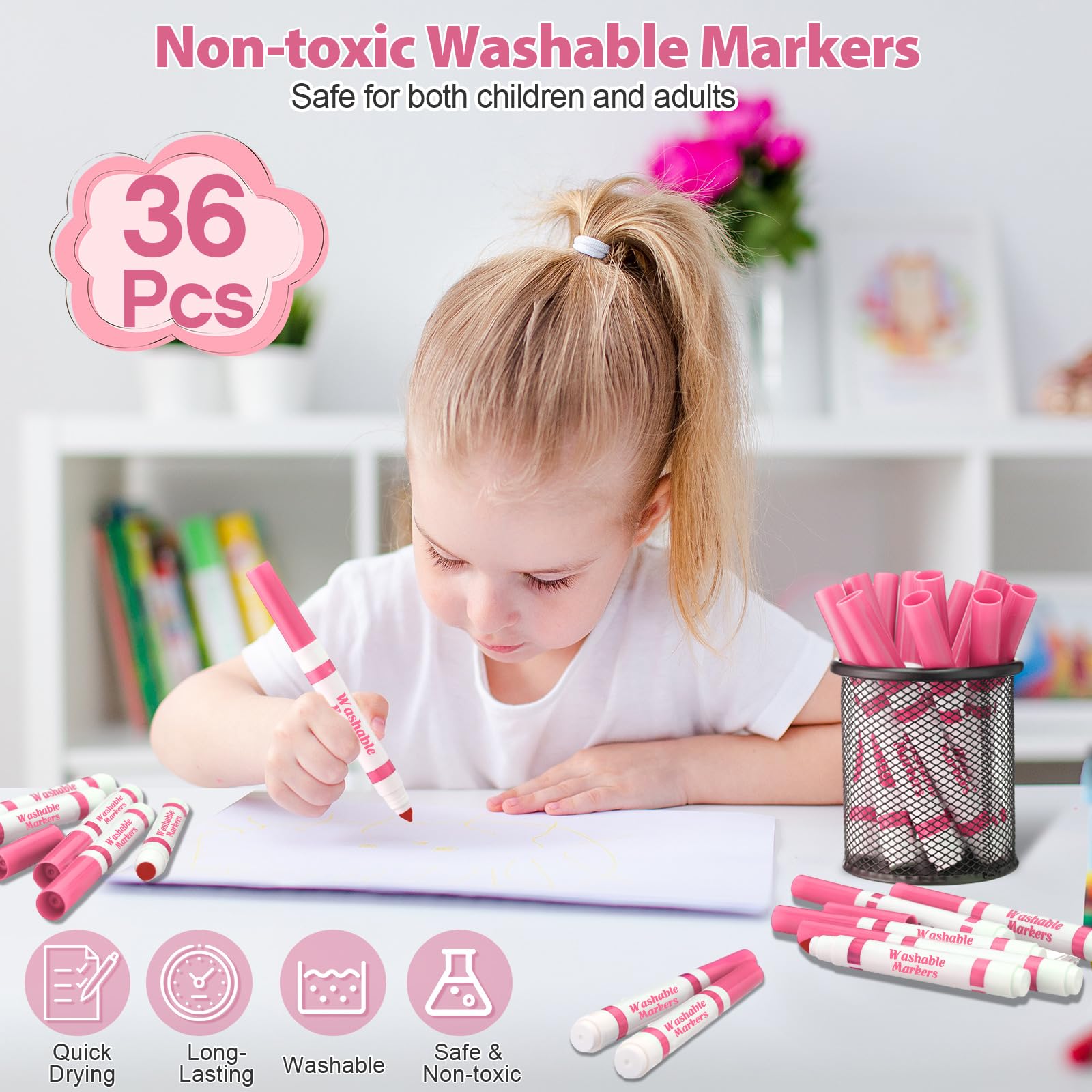 36 Pink Washable Markers Bulk – Janlaugh Broad Line Conical Tip Drawing Pens for Kids Ages 6+
