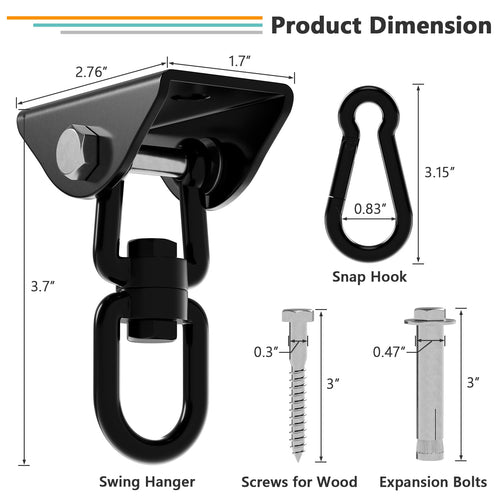 360° Rotating Hammock Hanging Kit - Heavy Duty 1200 lb Capacity Stainless Steel - SKYPHAROS Black