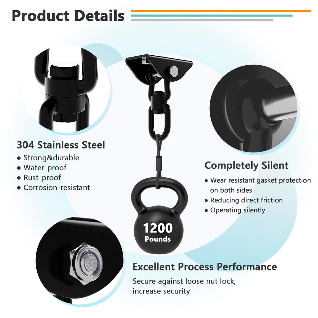 360° Rotating Hammock Hanging Kit - Heavy Duty 1200 lb Capacity Stainless Steel - SKYPHAROS Black
