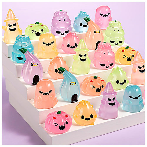 36Pcs Halloween Mini Resin Figures – Glow in Dark Tiny Set with Pumpkin, Ghost, and Flame for Party Favors, Bag Fillers, Garden, Dollhouse Decor