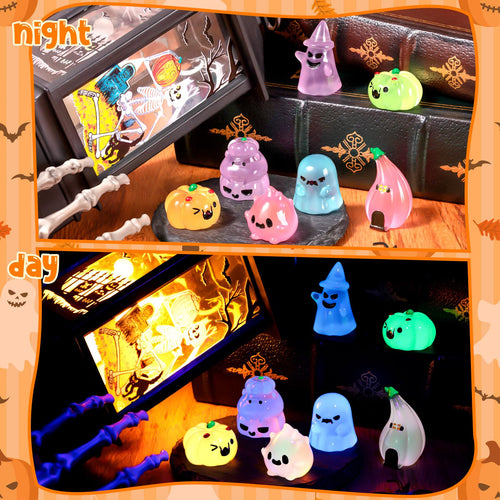 36Pcs Halloween Mini Resin Figures – Glow in Dark Tiny Set with Pumpkin, Ghost, and Flame for Party Favors, Bag Fillers, Garden, Dollhouse Decor
