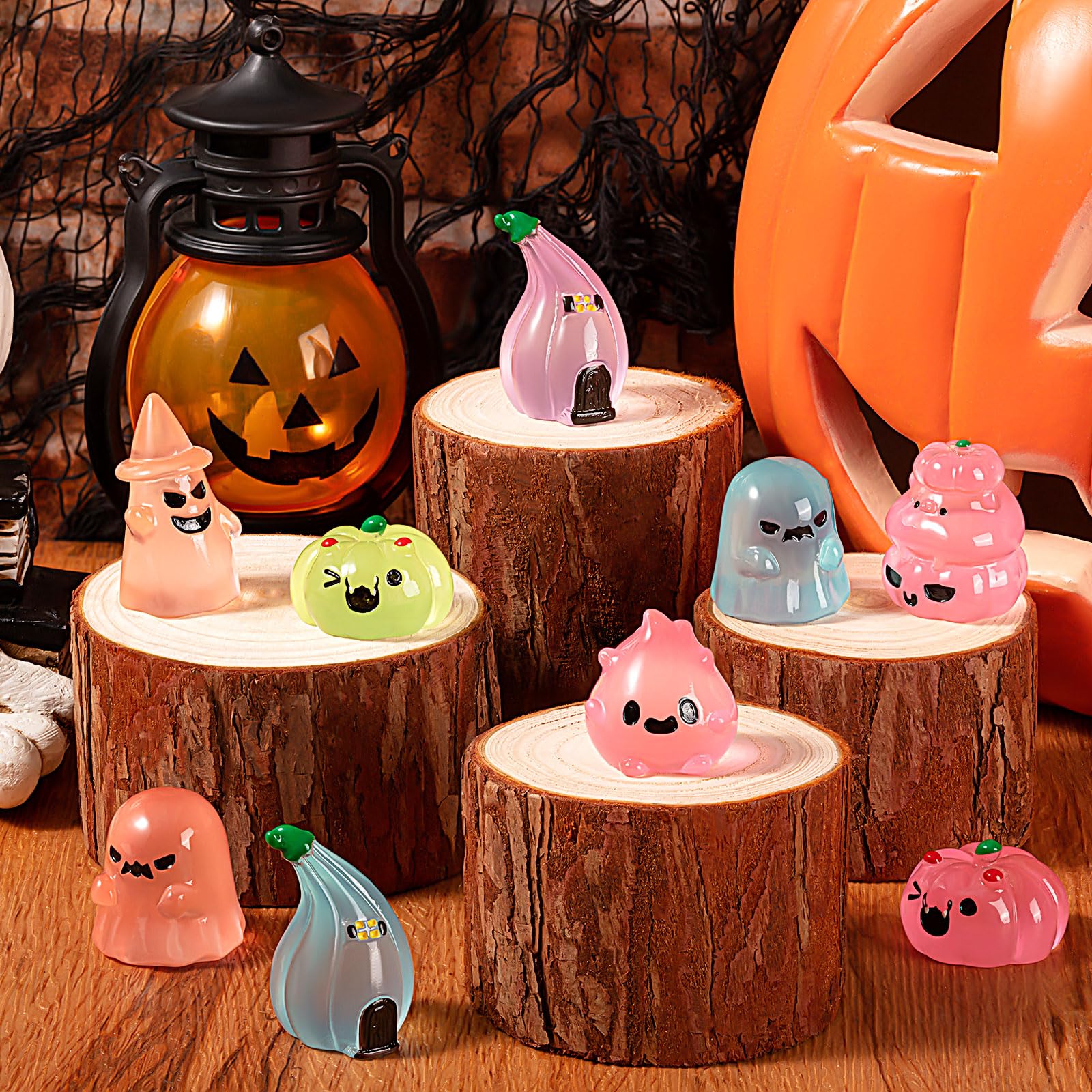 36Pcs Halloween Mini Resin Figures – Glow in Dark Tiny Set with Pumpkin, Ghost, and Flame for Party Favors, Bag Fillers, Garden, Dollhouse Decor