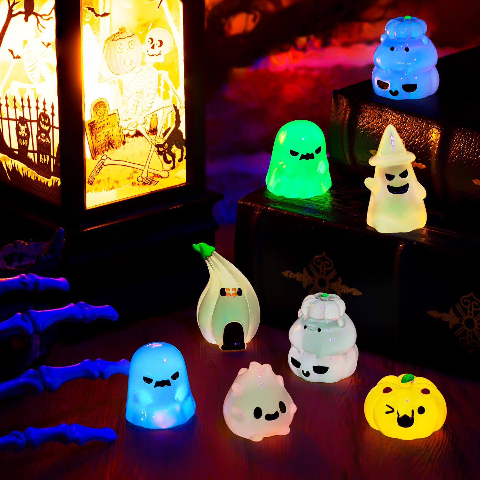 36Pcs Halloween Mini Resin Figures – Glow in Dark Tiny Set with Pumpkin, Ghost, and Flame for Party Favors, Bag Fillers, Garden, Dollhouse Decor