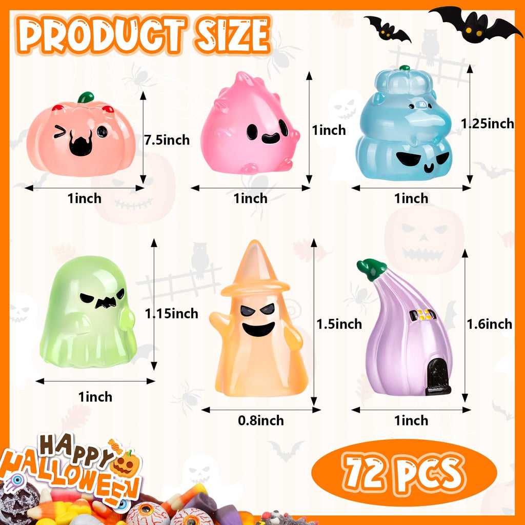 36Pcs Halloween Mini Resin Figures – Glow in Dark Tiny Set with Pumpkin, Ghost, and Flame for Party Favors, Bag Fillers, Garden, Dollhouse Decor