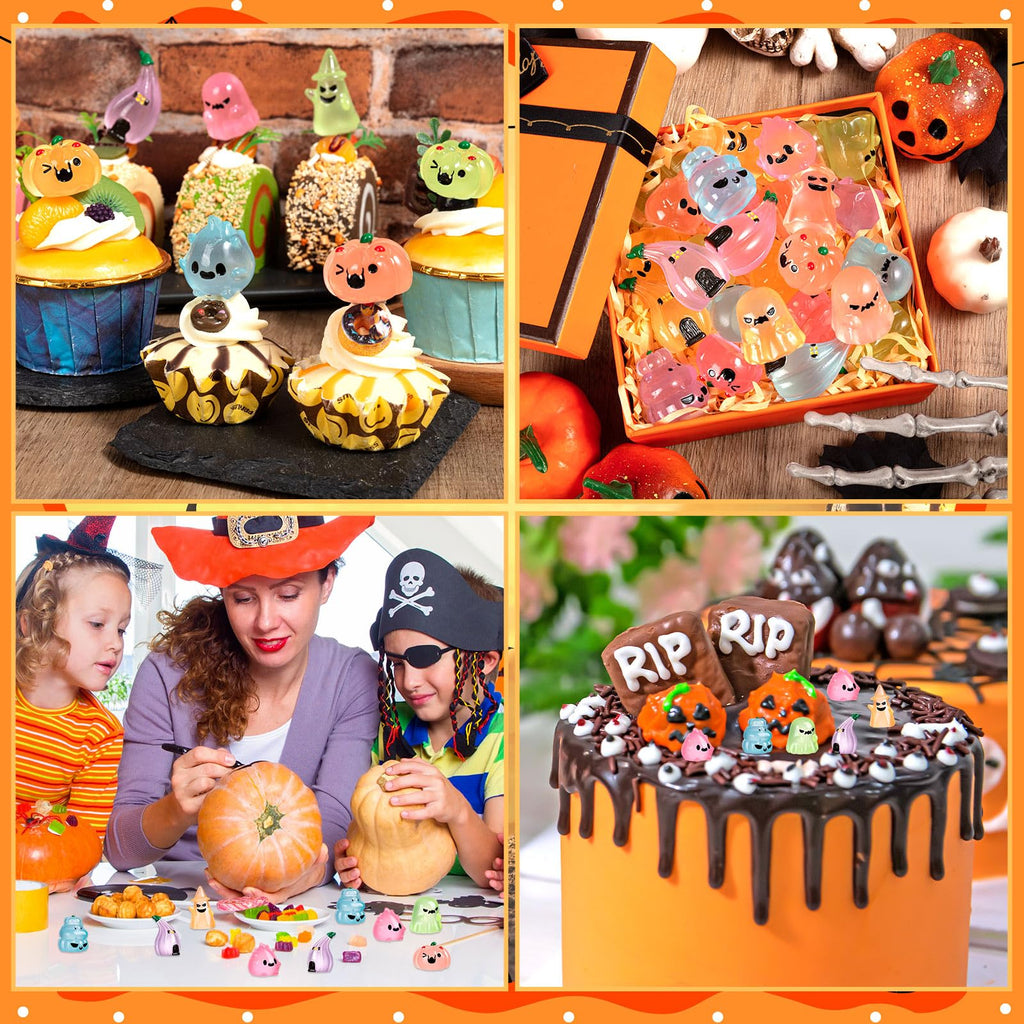 36Pcs Halloween Mini Resin Figures – Glow in Dark Tiny Set with Pumpkin, Ghost, and Flame for Party Favors, Bag Fillers, Garden, Dollhouse Decor