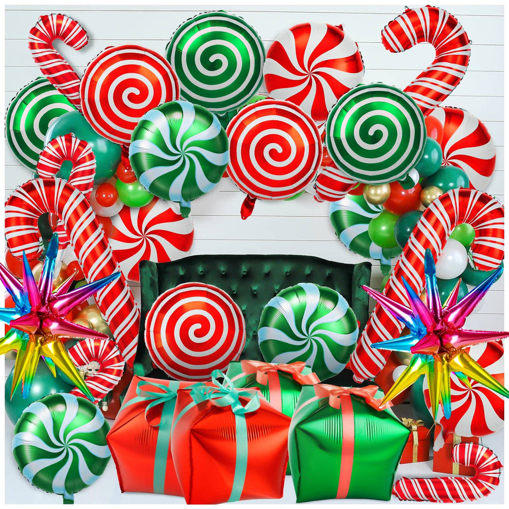 38-Piece Christmas Balloon Set - Red & Green Foil Mylar Balloons with Candy Cane Design for Party Decor
