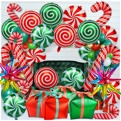 38-Piece Christmas Balloon Set - Red & Green Foil Mylar Balloons with Candy Cane Design for Party Decor