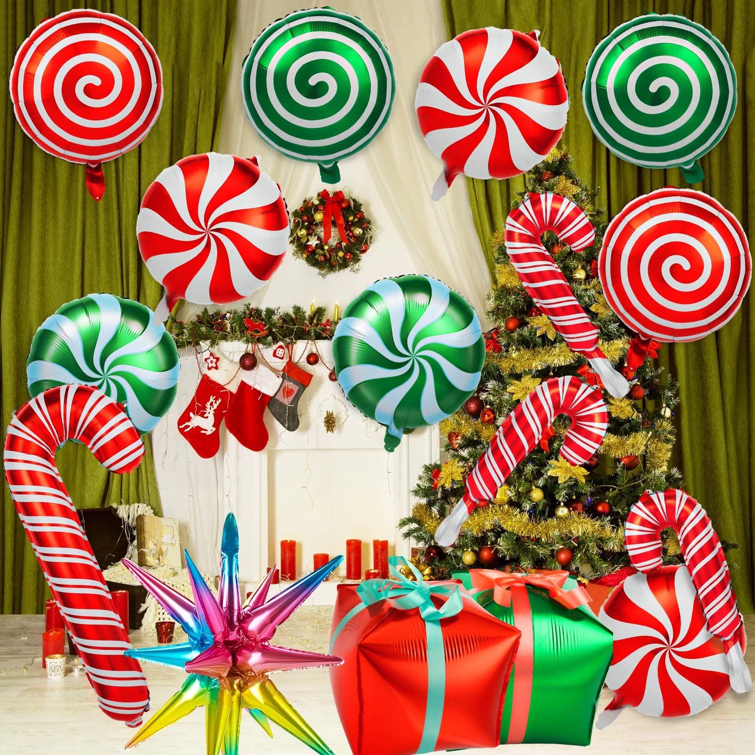 38-Piece Christmas Balloon Set - Red & Green Foil Mylar Balloons with Candy Cane Design for Party Decor