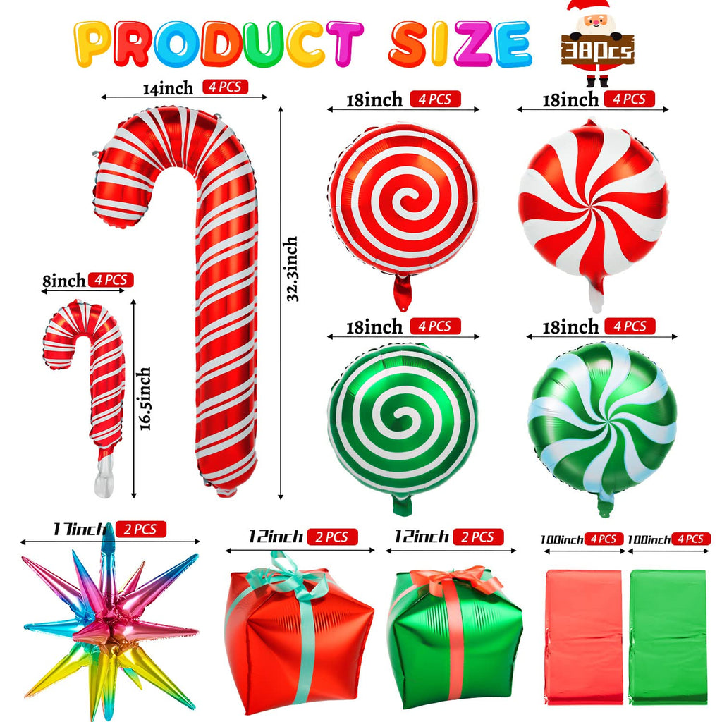 38-Piece Christmas Balloon Set - Red & Green Foil Mylar Balloons with Candy Cane Design for Party Decor