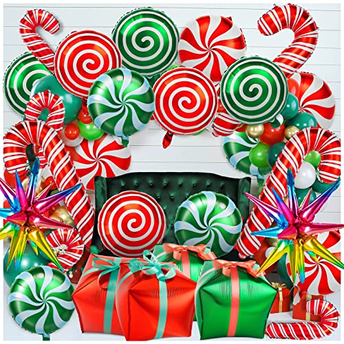 38-Piece Christmas Balloon Set - Red & Green Foil Mylar Balloons with Candy Cane Design for Party Decor