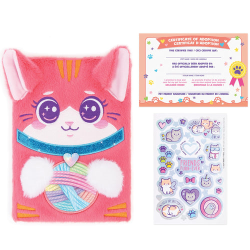 3C4G Happy Tails Cat Plush Journal – Pink Fuzzy Diary with Stickers and Adoption Certificate for Kids 6+
