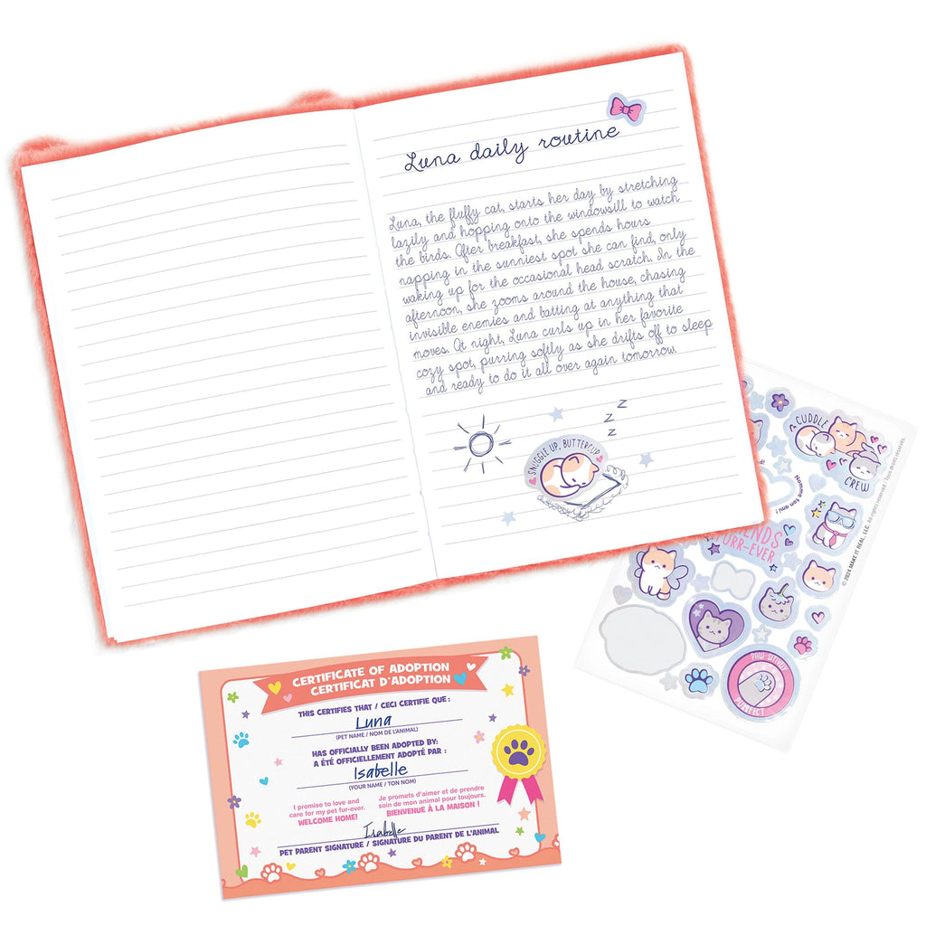 3C4G Happy Tails Cat Plush Journal – Pink Fuzzy Diary with Stickers and Adoption Certificate for Kids 6+