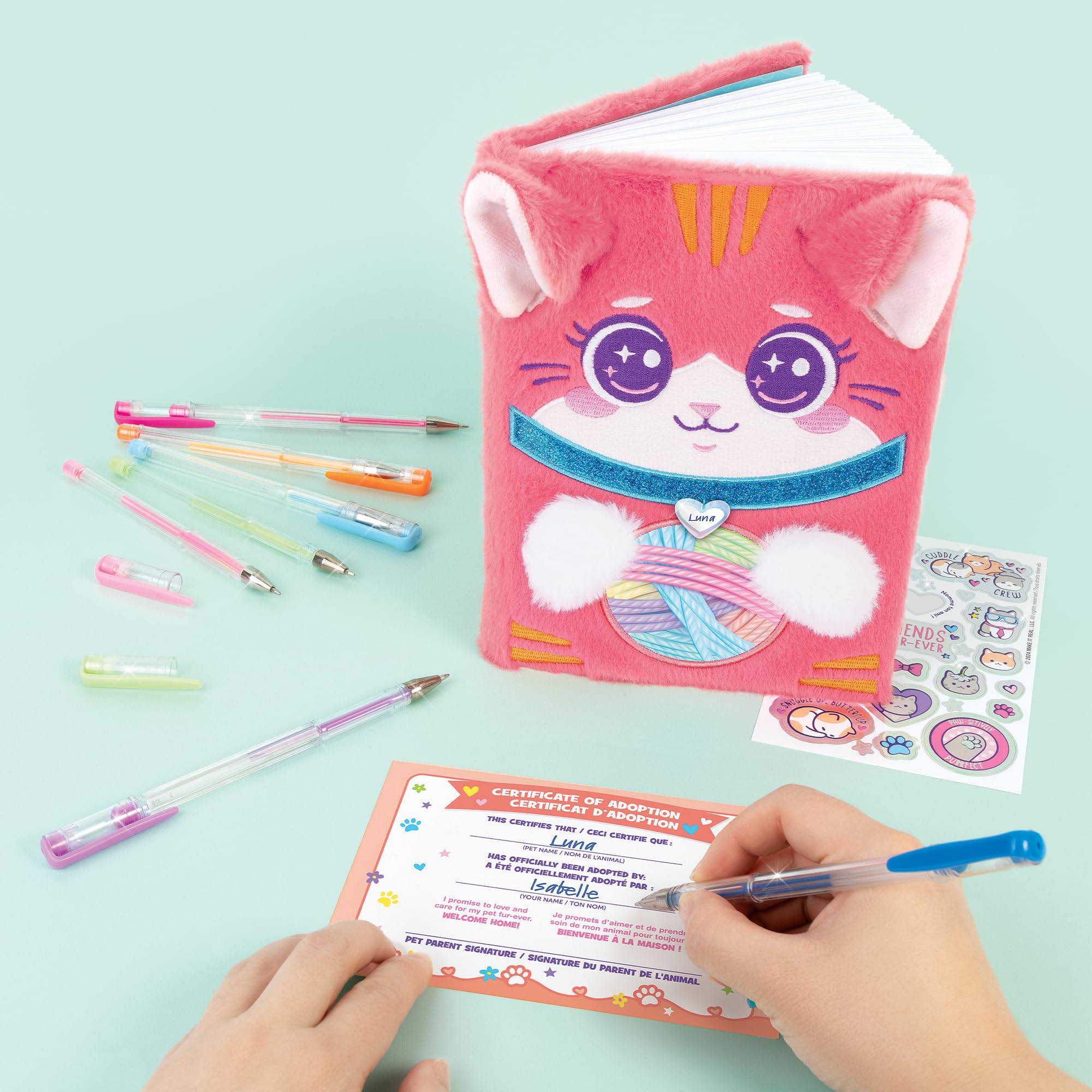 3C4G Happy Tails Cat Plush Journal – Pink Fuzzy Diary with Stickers and Adoption Certificate for Kids 6+