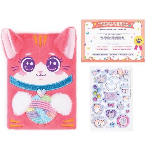 3C4G Happy Tails Cat Plush Journal – Pink Fuzzy Diary with Stickers and Adoption Certificate for Kids 6+