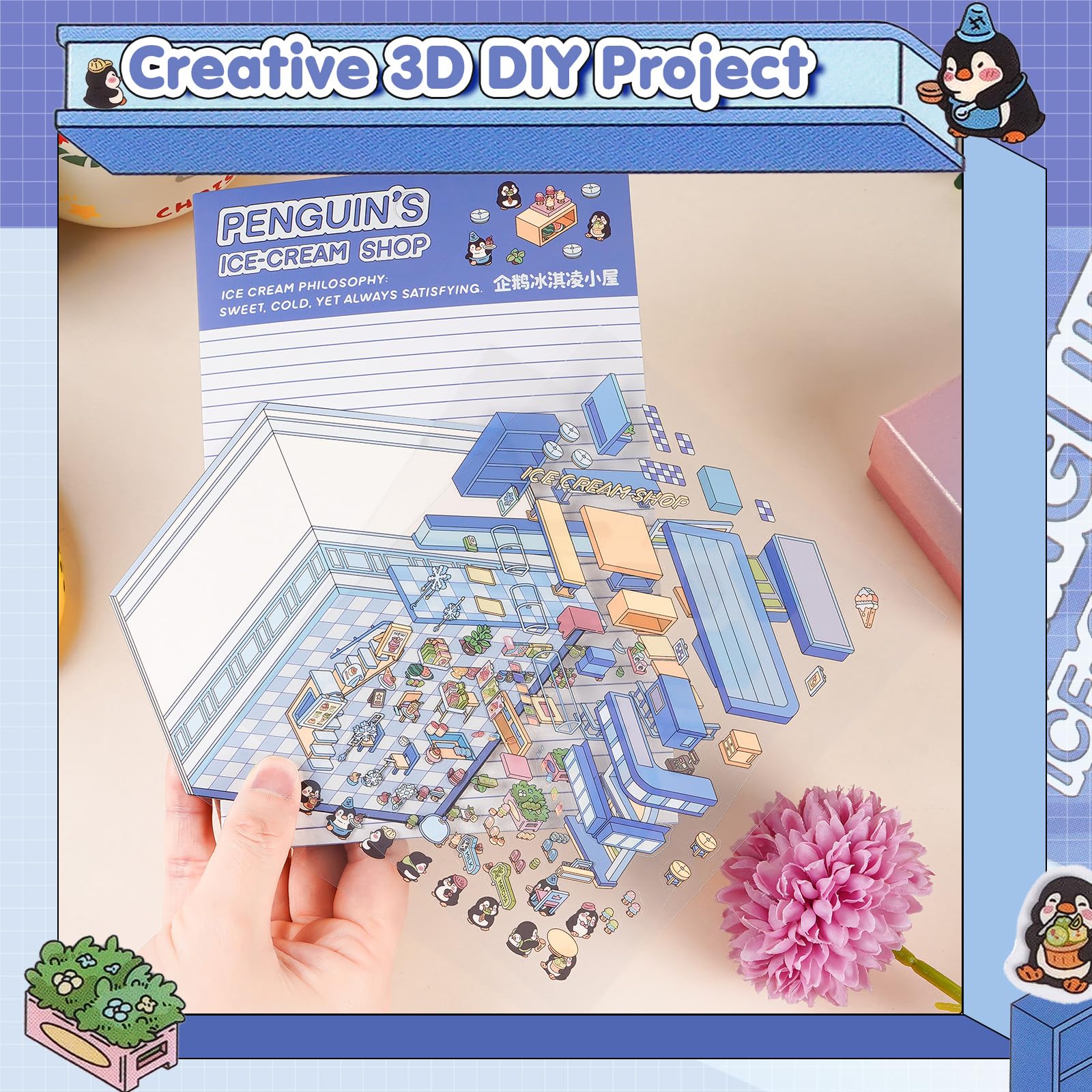 3D House Stickers for Adults - DIY Sticker Therapy Set with 12 Mini Room Scenes, Includes Tweezers, Creative Fun Stress Relief Activity