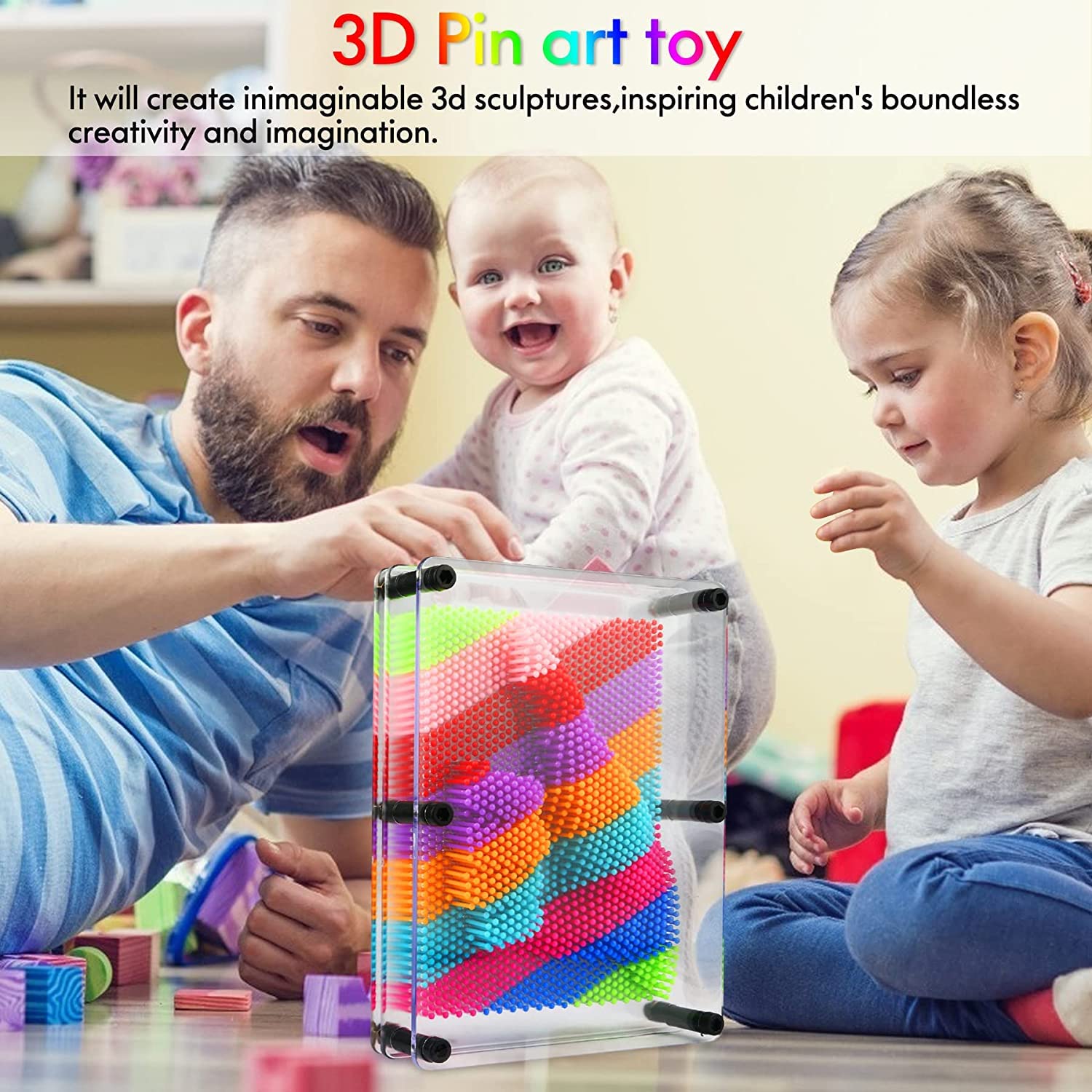 3D Pin Art Toy – Large Rainbow Plastic Pin Impression Board for Creative Play