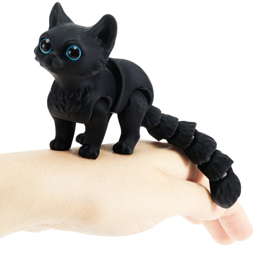 3D Printed Articulated Cat Fidget Toy – Poseable Flexible Joint Kitty Desk Decoration, Matte Black with Blue Eyes