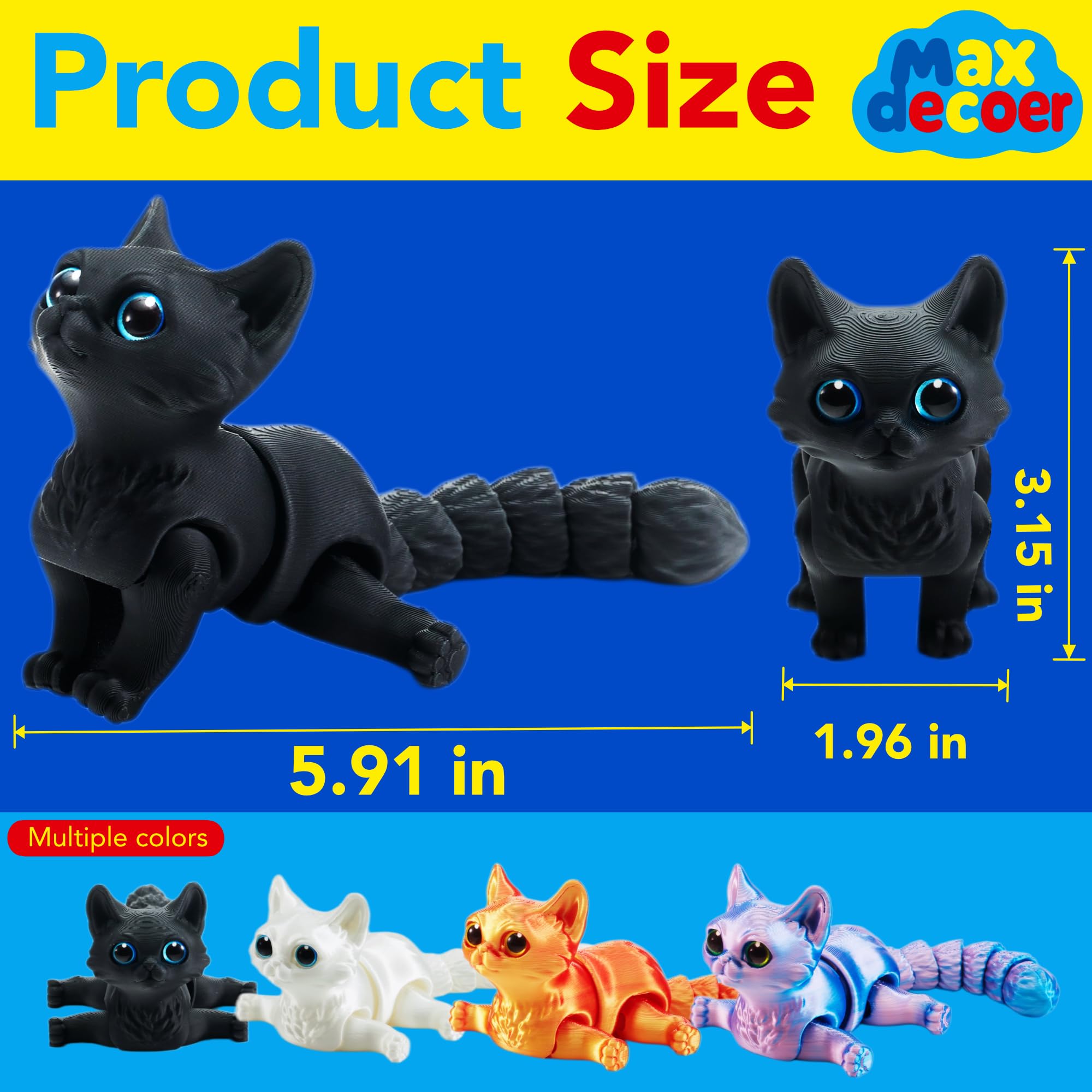 3D Printed Articulated Cat Fidget Toy – Poseable Flexible Joint Kitty Desk Decoration, Matte Black with Blue Eyes