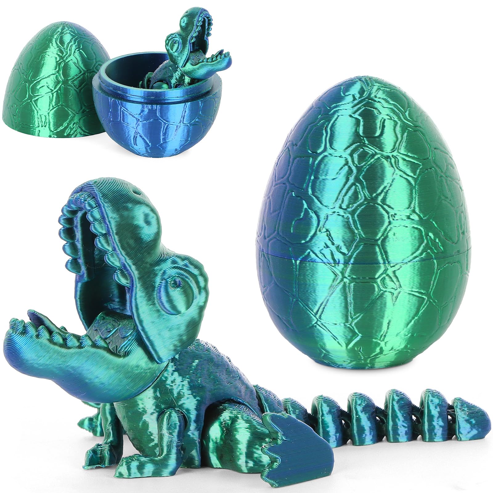 3D Printed Articulated Dragon in Egg – Blue-Green Dinosaur Fidget Toy by ISFOFO