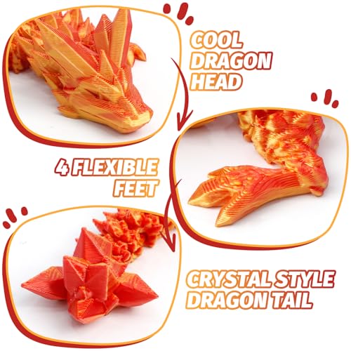 3D Printed Articulated Dragon with Mystery Egg – 12-Inch Flexible Crystal Dragon Toy for Teens & Adults, Unique Desk Decor (Red Gold)
