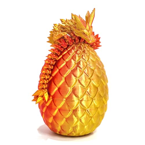 3D Printed Articulated Dragon with Mystery Egg – 12-Inch Flexible Crystal Dragon Toy for Teens & Adults, Unique Desk Decor (Red Gold)