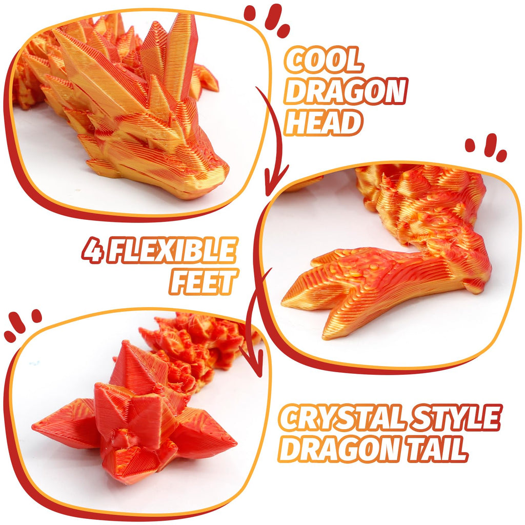 3D Printed Articulated Dragon with Mystery Egg – 12-Inch Flexible Crystal Dragon Toy for Teens & Adults, Unique Desk Decor (Red Gold)