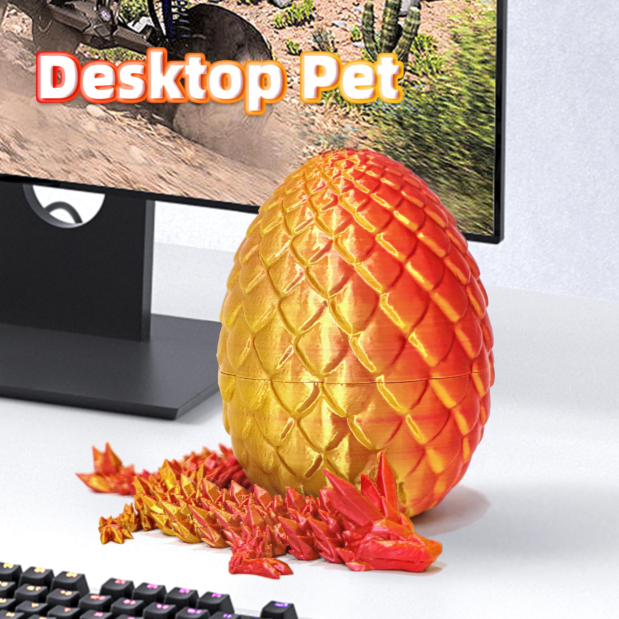 3D Printed Articulated Dragon with Mystery Egg – 12-Inch Flexible Crystal Dragon Toy for Teens & Adults, Unique Desk Decor (Red Gold)
