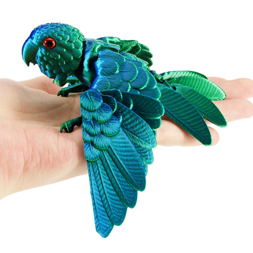 3D Printed Articulated Parrot Figure - Iridescent Emerald Green Movable Wings Desk Fidget Toy