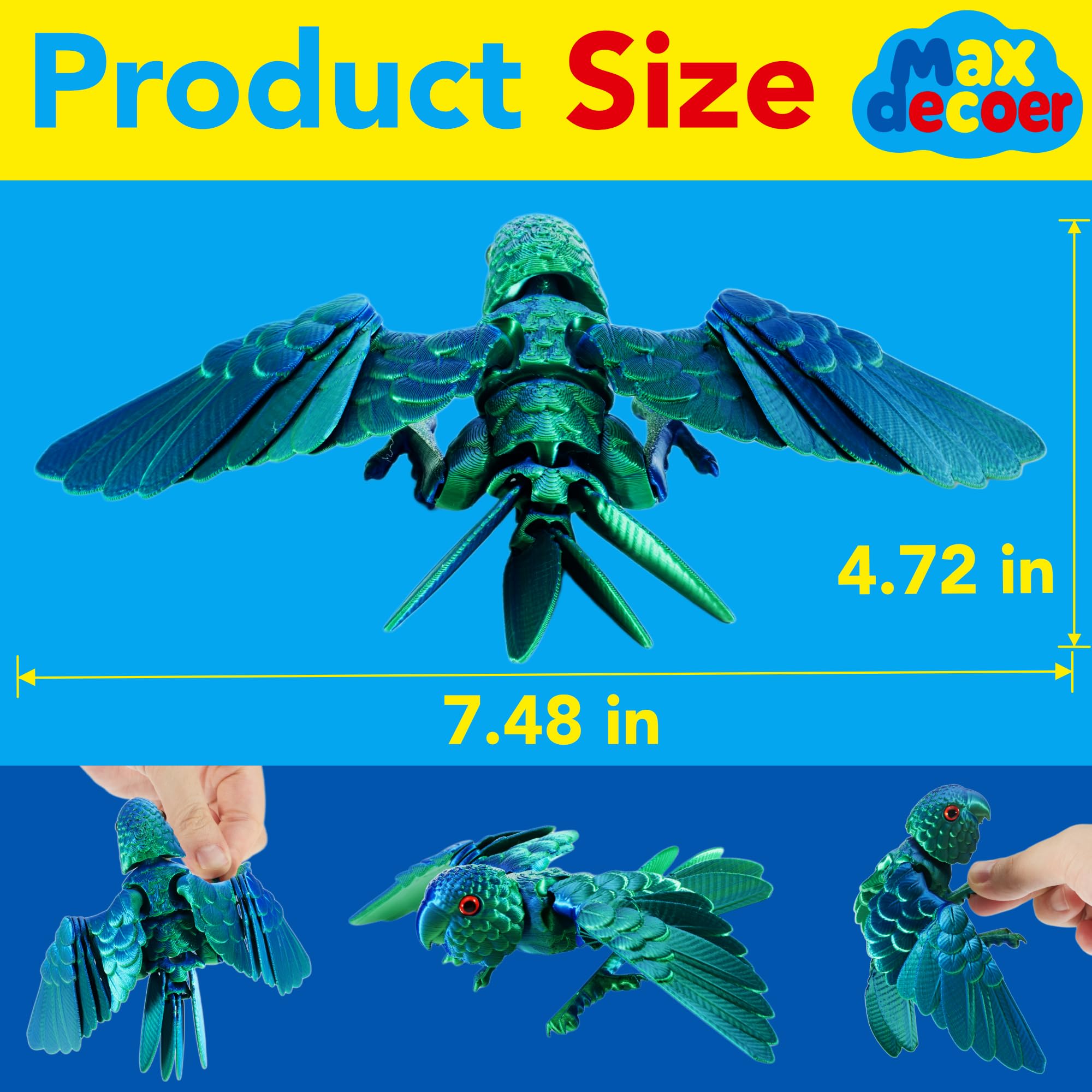 3D Printed Articulated Parrot Figure - Iridescent Emerald Green Movable Wings Desk Fidget Toy