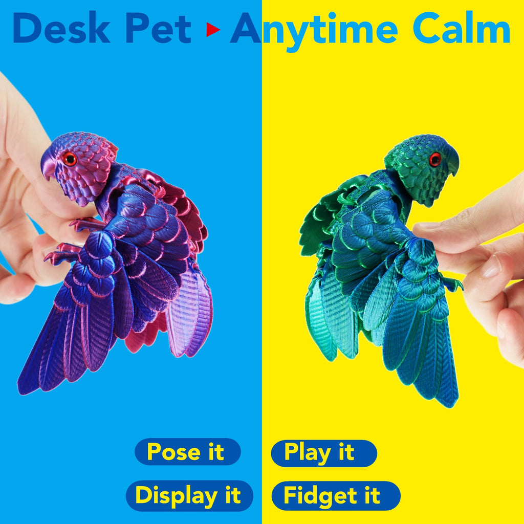 3D Printed Articulated Parrot Figure - Iridescent Emerald Green Movable Wings Desk Fidget Toy