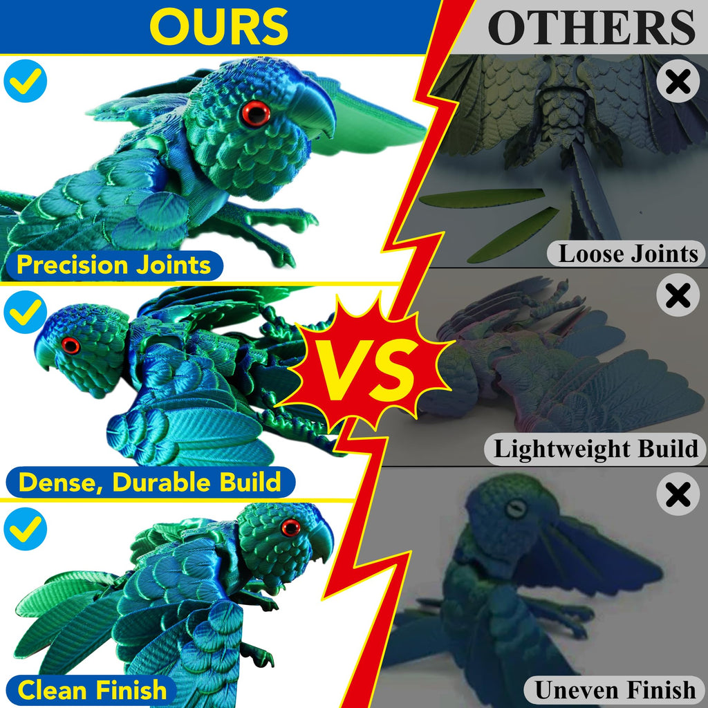 3D Printed Articulated Parrot Figure - Iridescent Emerald Green Movable Wings Desk Fidget Toy