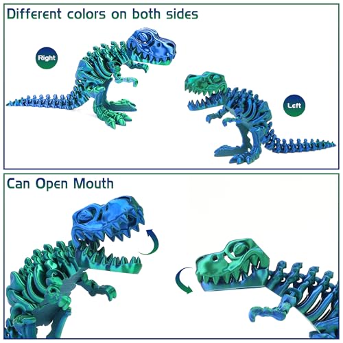 3D Printed Articulated T-Rex Skeleton – Poseable Dinosaur Toy with Flexible Joints for Stress Relief (Green-Blue)