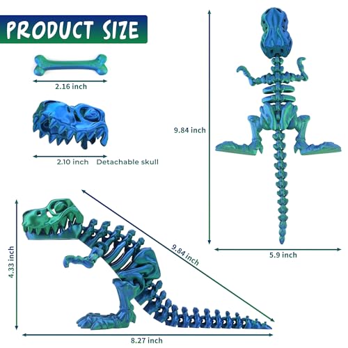 3D Printed Articulated T-Rex Skeleton – Poseable Dinosaur Toy with Flexible Joints for Stress Relief (Green-Blue)