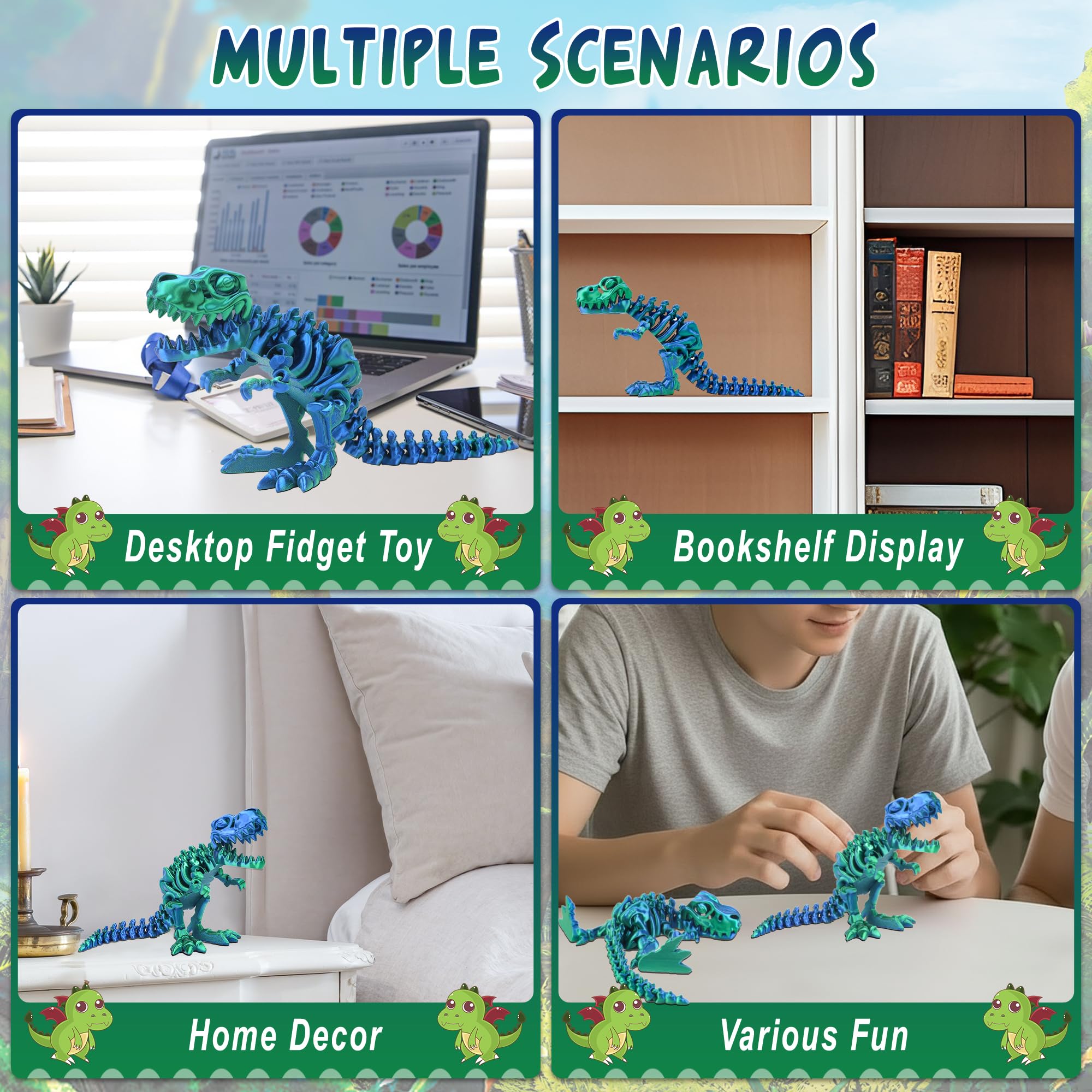 3D Printed Articulated T-Rex Skeleton – Poseable Dinosaur Toy with Flexible Joints for Stress Relief (Green-Blue)