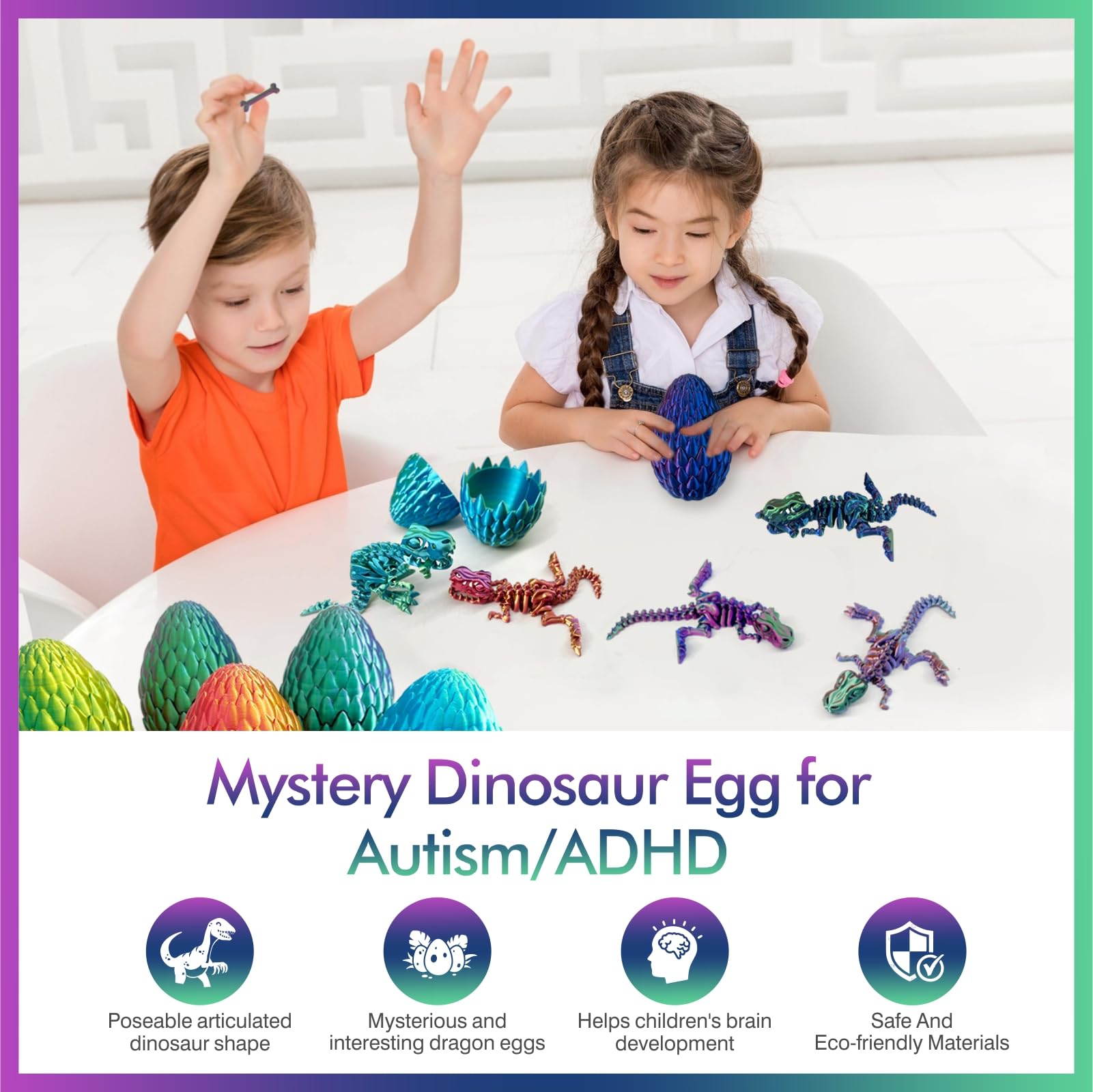 3D Printed Dinosaur in Mystery Crystal Egg – Articulated T-Rex Fidget Toy, Stress Relief, PLA
